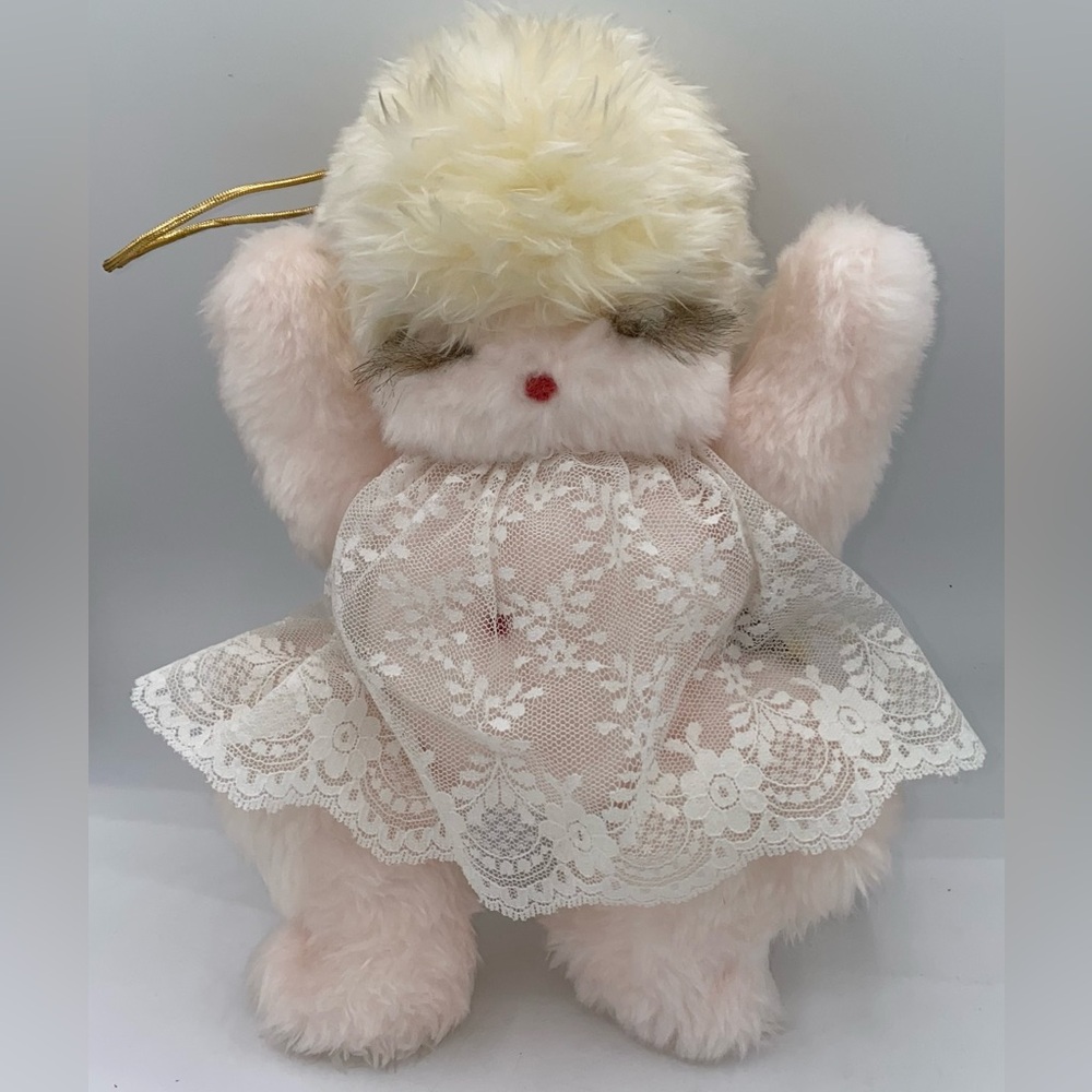 Vintage Ms Noah Angel with wings Baby Doll stuffed plush toy 11” Lace Dress AA17